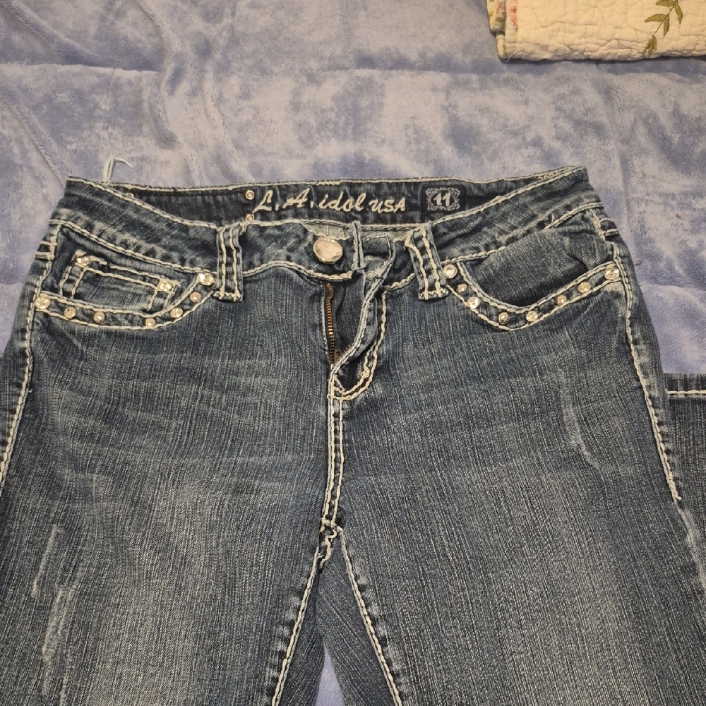 L.A. Idol Dark Blue Boot Cut Jeans with Embellished Pocket - Picture 3 of 4